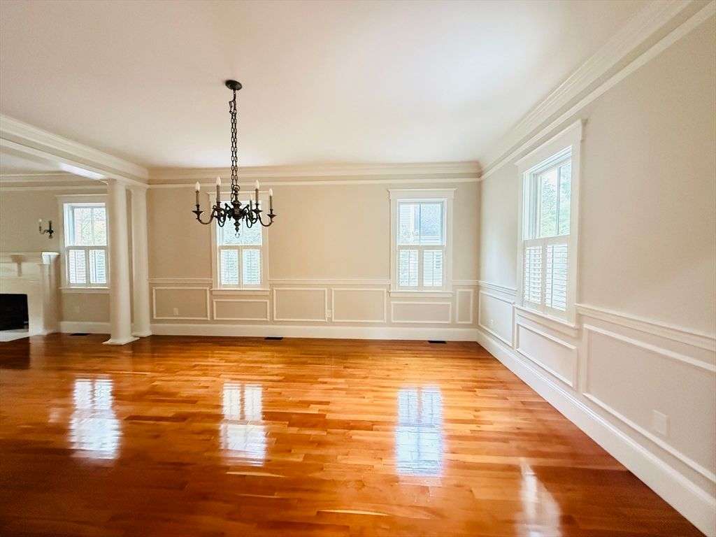 Chandelier, Empty room, Fireplace, Interior, Pendant Lights, Wood Texture Flooring