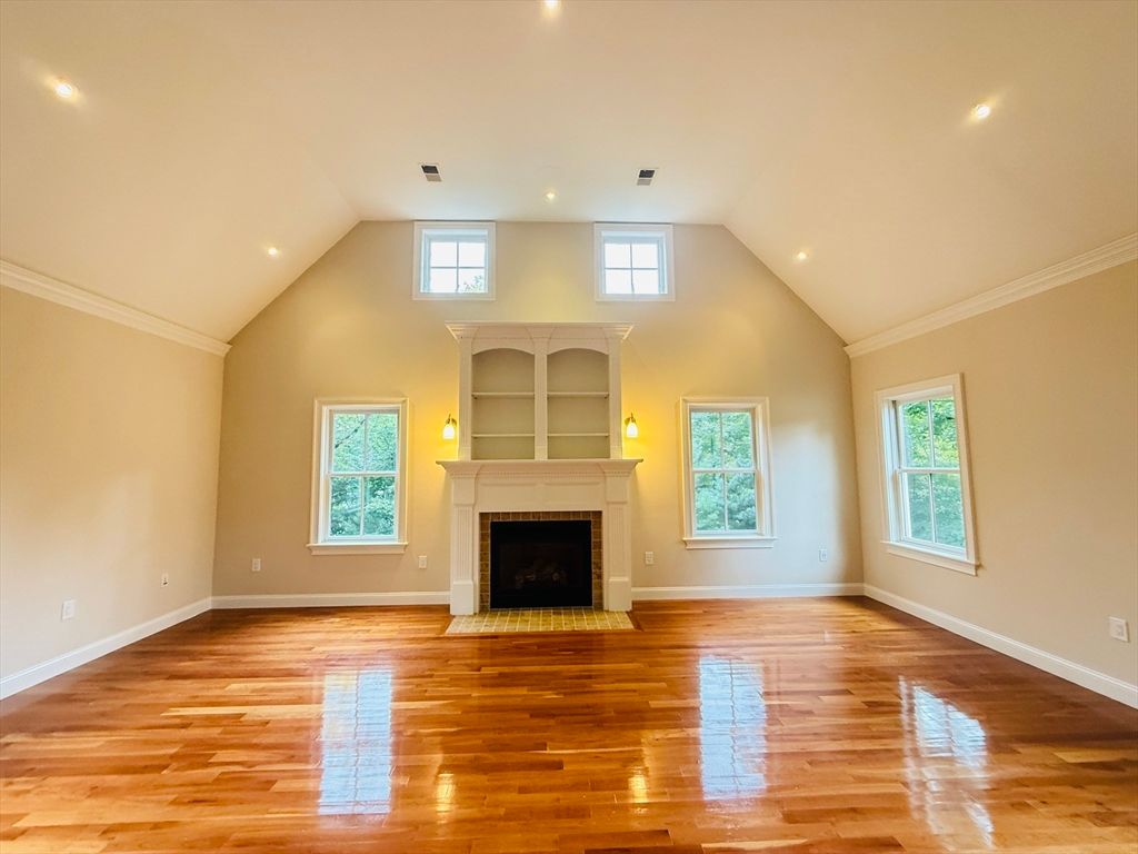 Empty room, Fireplace, Interior, Recessed Lighting, Wood Texture Flooring