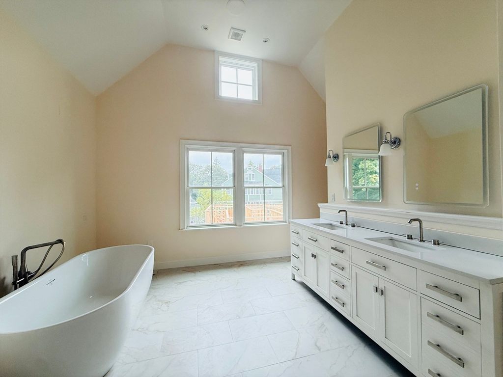 Bathroom, Dual Sink Vanities, Free Standing Baths, Interior, Marble, Recessed Lighting