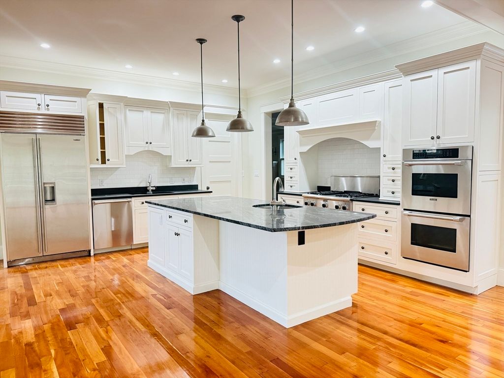 Interior, Kitchen, Pendant Lights, Recessed Lighting, Stainless Steel Appliances, Wood Texture Flooring