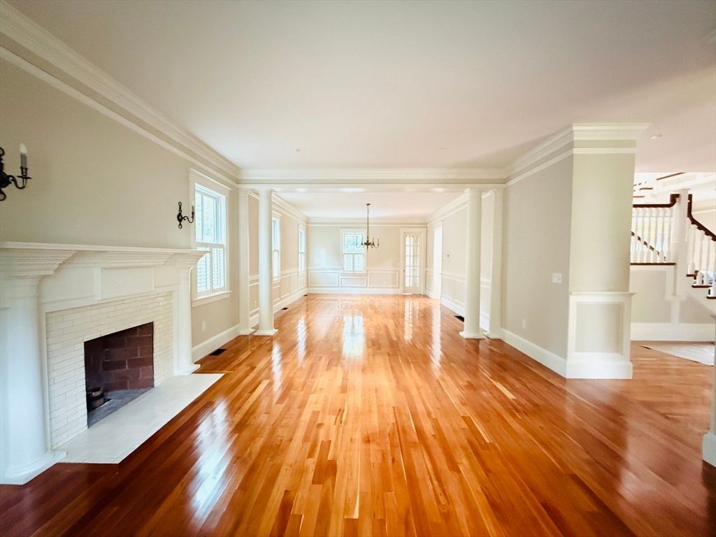 Empty room, Fireplace, Interior, Pendant Lights, Wood Texture Flooring