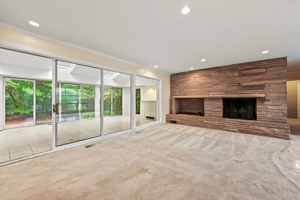 Empty room, Fireplace, Interior, Recessed Lighting, Stone Walls, Wooden Walls