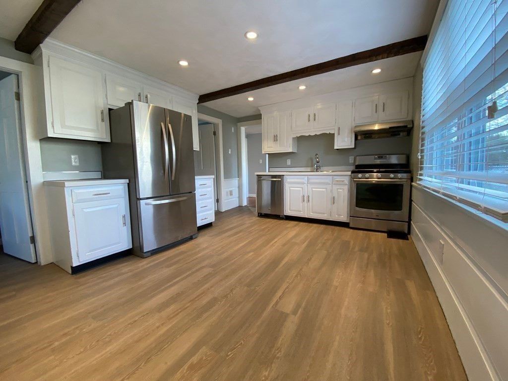 Interior, Kitchen, Recessed Lighting, Stainless Steel Appliances, Wooden Beams, Wood Texture Flooring