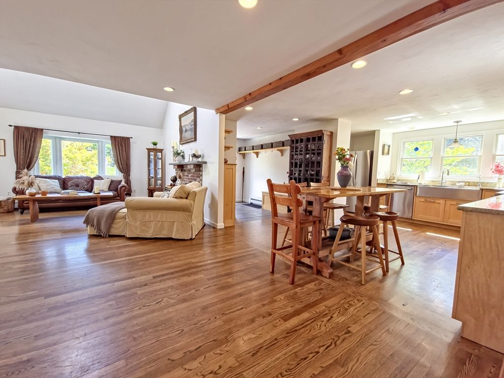 Dining room, Interior, Kitchen, Living room, Recessed Lighting, Wooden Beams, Wood Texture Flooring