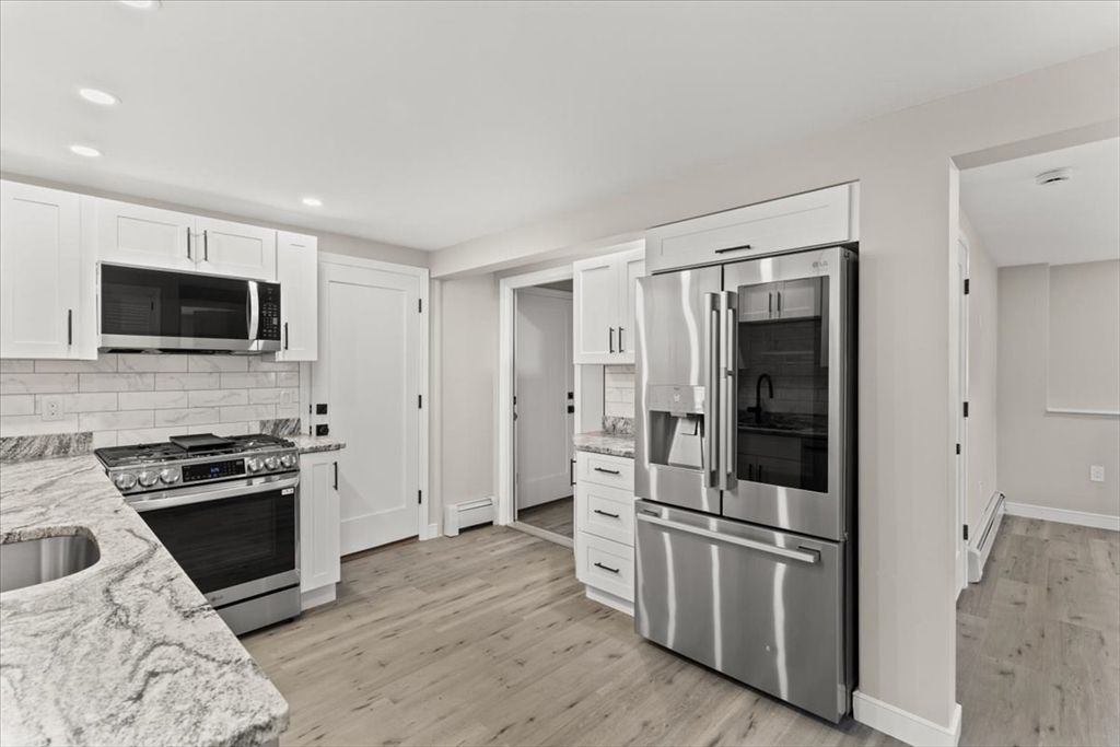 Interior, Kitchen, Recessed Lighting, Stainless Steel Appliances, Wood Texture Flooring