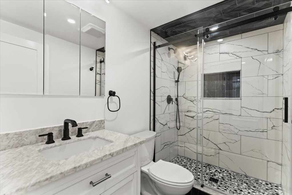 Bathroom, Glass Shower, Interior, Marble Walls, Recessed Lighting