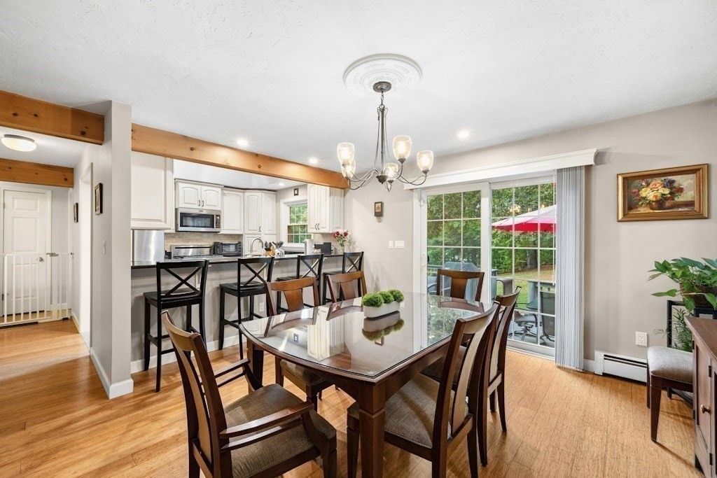 Chandelier, Dining room, Interior, Kitchen, Pendant Lights, Recessed Lighting, Stainless Steel Appliances, Wooden Beams, Wood Texture Flooring