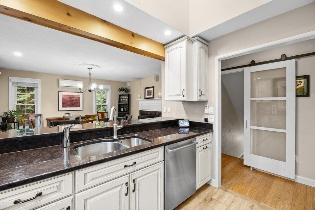 Chandelier, Dining room, Fireplace, Interior, Kitchen, Pendant Lights, Recessed Lighting, Wood Texture Flooring