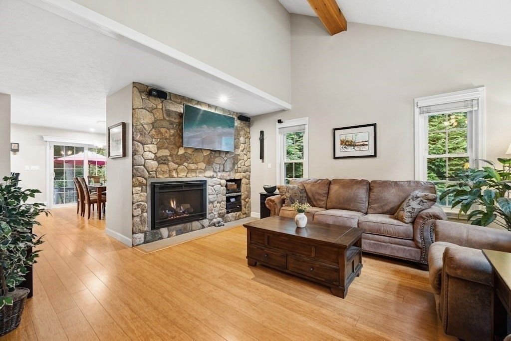 Dining room, Fireplace, Interior, Living room, Recessed Lighting, Stone Walls, Wooden Beams, Wood Texture Flooring