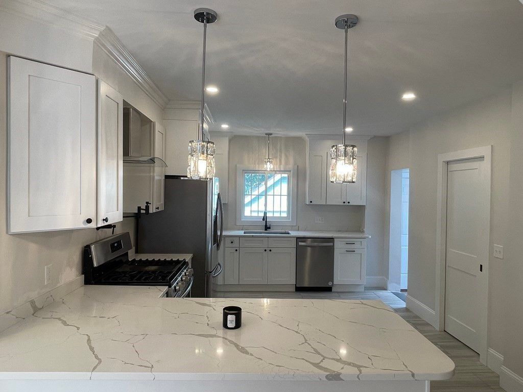 Interior, Kitchen, Pendant Lights, Recessed Lighting, Stainless Steel Appliances, Wood Texture Flooring