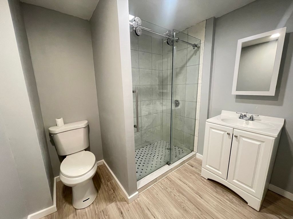Bathroom, Glass Shower, Interior, Wood Texture Flooring