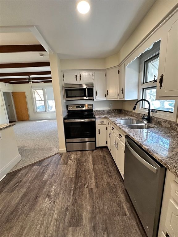 Interior, Kitchen, Recessed Lighting, Stainless Steel Appliances, Wooden Beams, Wood Texture Flooring