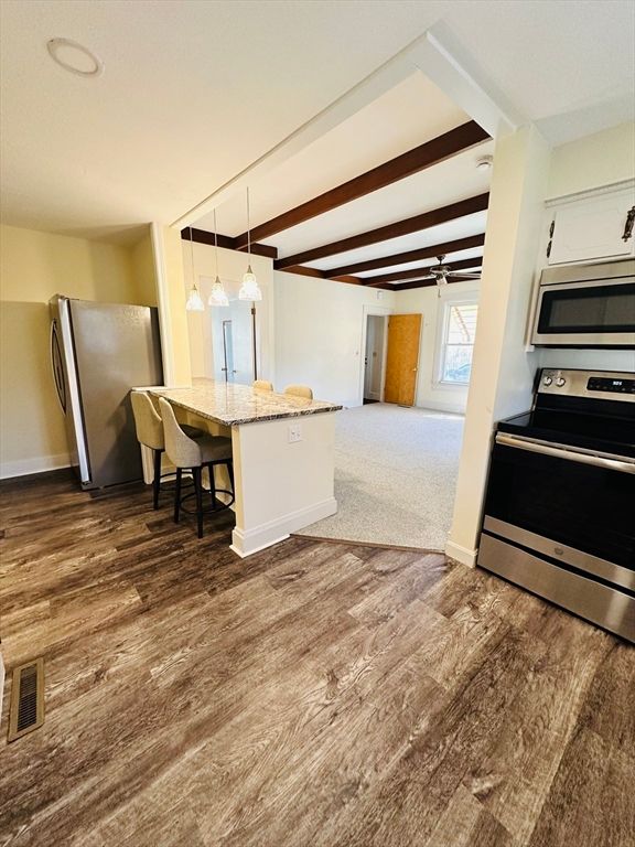 Interior, Kitchen, Pendant Lights, Stainless Steel Appliances, Wooden Beams, Wood Texture Flooring