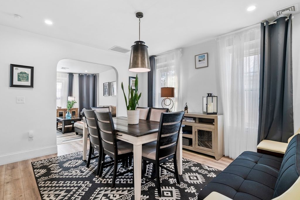 Dining room, Interior, Pendant Lights, Recessed Lighting, Wood Texture Flooring