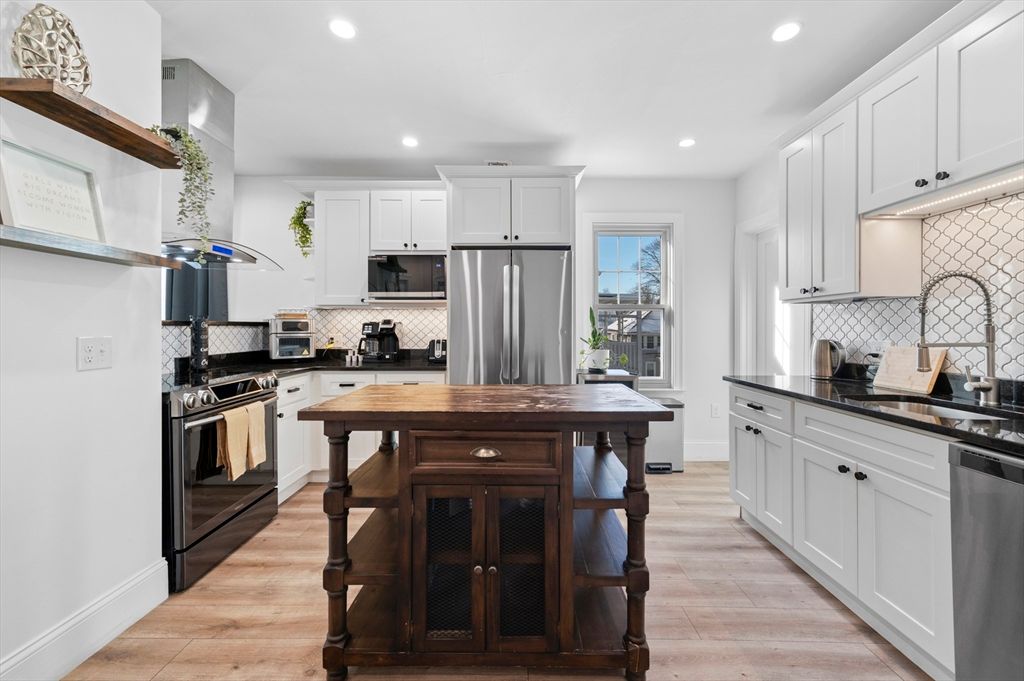 Interior, Kitchen, Recessed Lighting, Stainless Steel Appliances, Wood Texture Flooring