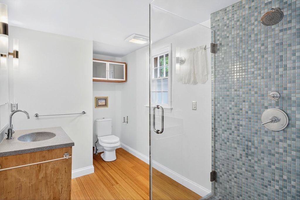 Bathroom, Glass Shower, Interior, Wood Texture Flooring