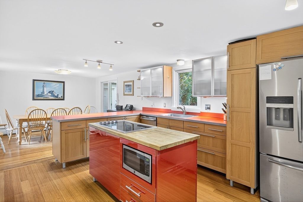 Dining room, Interior, Kitchen, Recessed Lighting, Stainless Steel Appliances, Wood Texture Flooring