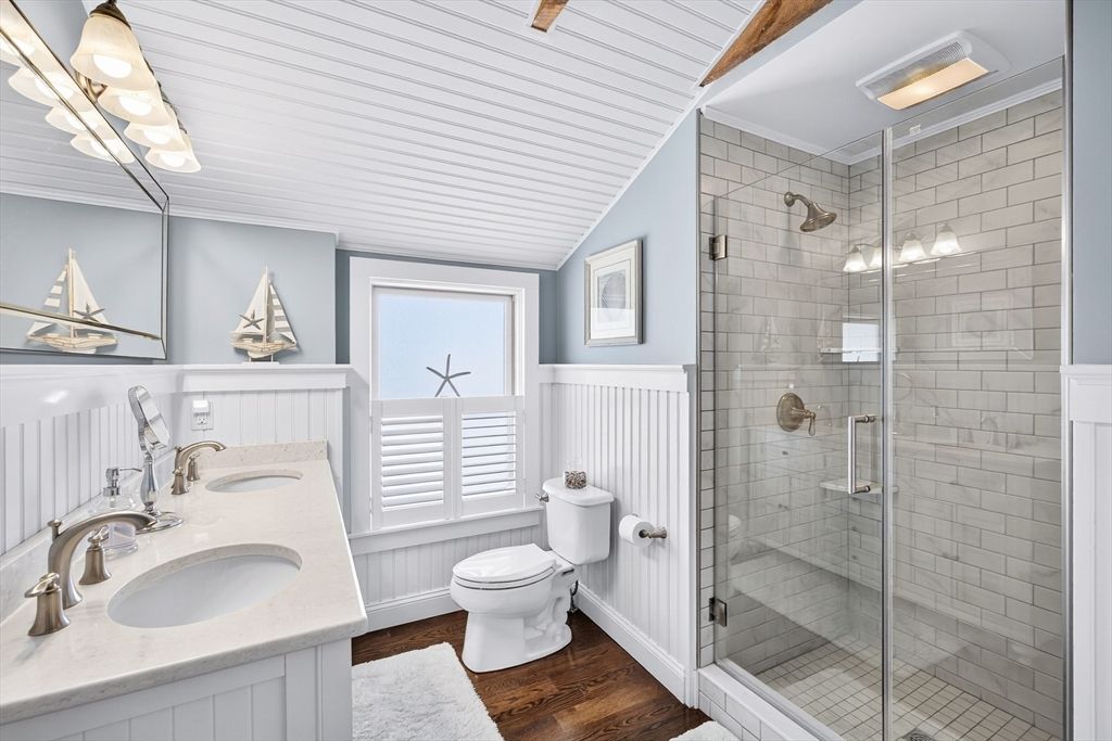 Bathroom, Dual Sink Vanities, Glass Shower, Interior, Wood Texture Flooring
