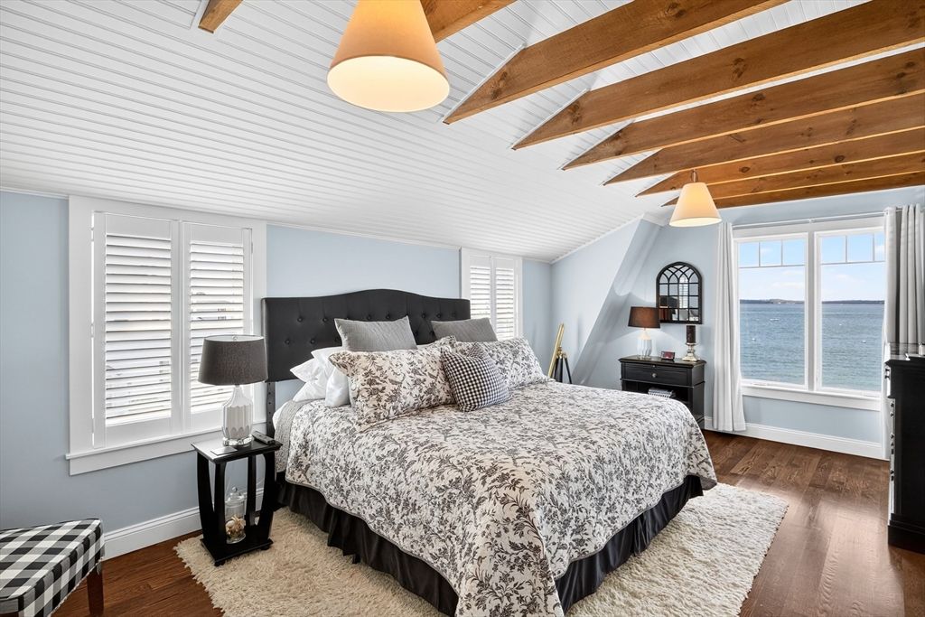 Bedroom, Interior, Pendant Lights, Water, Wooden Beams, Wood Texture Flooring