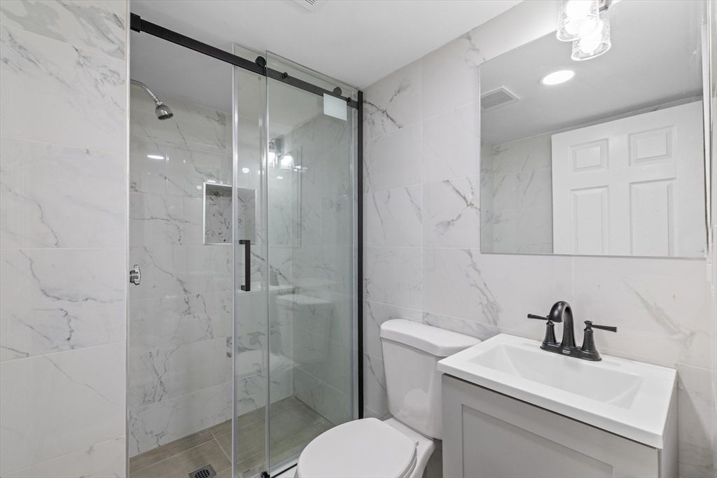 Bathroom, Glass Shower, Interior, Marble Walls, Recessed Lighting