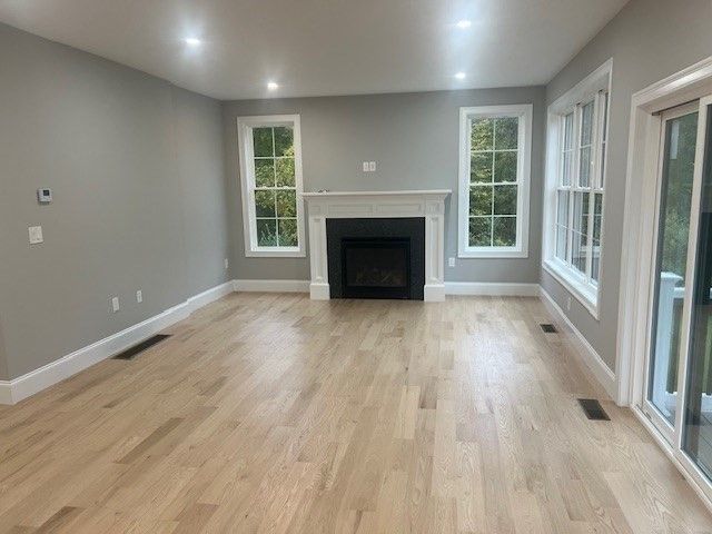 Empty room, Fireplace, Interior, Recessed Lighting, Wood Texture Flooring
