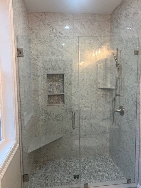 Bathroom, Glass Shower, Interior, Marble Walls, Recessed Lighting