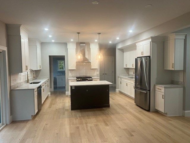 Interior, Kitchen, Pendant Lights, Recessed Lighting, Stainless Steel Appliances, Wood Texture Flooring