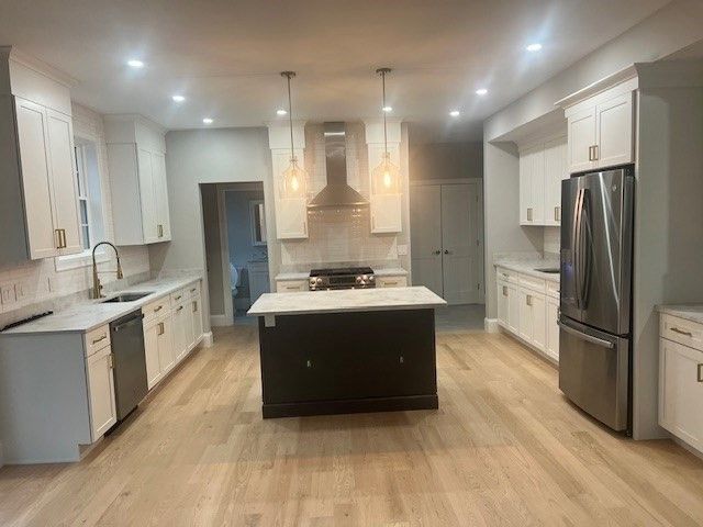Interior, Kitchen, Pendant Lights, Recessed Lighting, Stainless Steel Appliances, Wood Texture Flooring