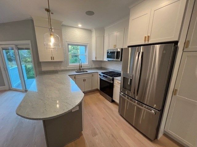 Interior, Kitchen, Pendant Lights, Recessed Lighting, Stainless Steel Appliances, Wood Texture Flooring