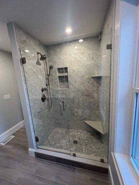 Bathroom, Glass Shower, Interior, Marble Walls, Recessed Lighting
