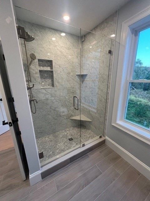 Bathroom, Glass Shower, Interior, Marble Walls, Recessed Lighting