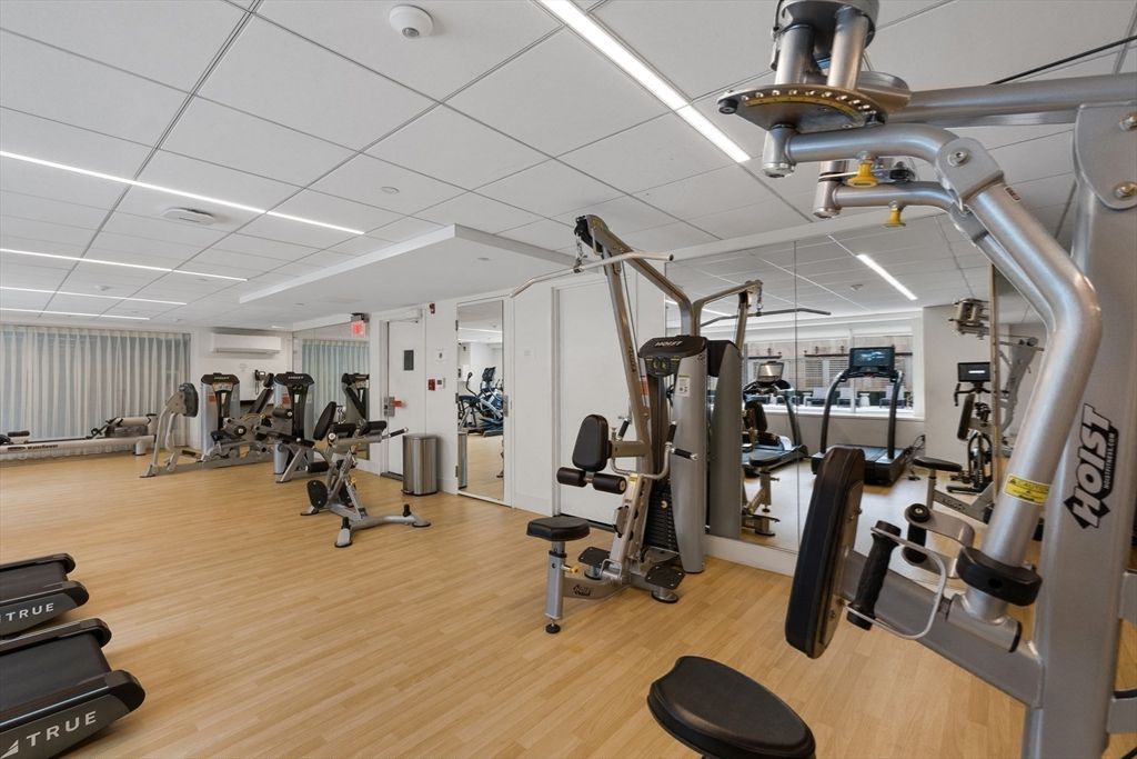 Fitness Equipment, Gym, Interior, Recessed Lighting, Wood Texture Flooring