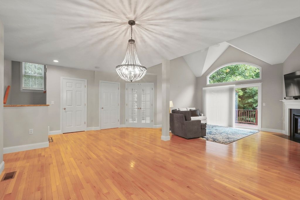Fireplace, Interior, Pendant Lights, Recessed Lighting, Wood Texture Flooring