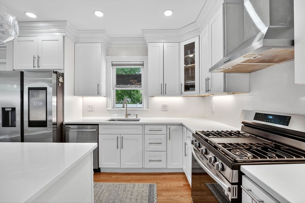 Interior, Kitchen, Recessed Lighting, Stainless Steel Appliances, Wood Texture Flooring