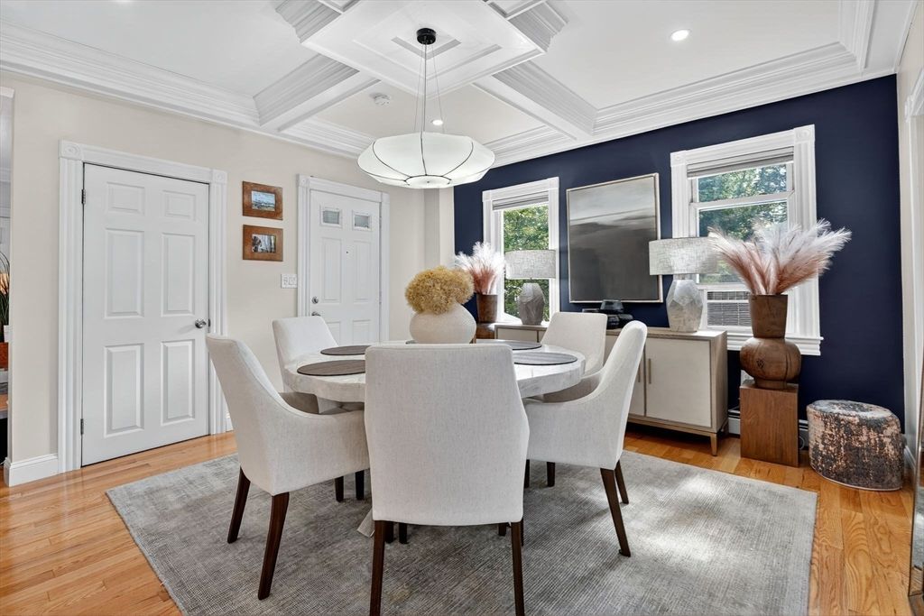 Dining room, Interior, Pendant Lights, Recessed Lighting, Wood Texture Flooring