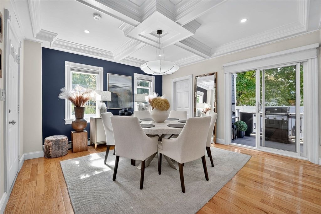 Dining room, Interior, Pendant Lights, Recessed Lighting, Wood Texture Flooring
