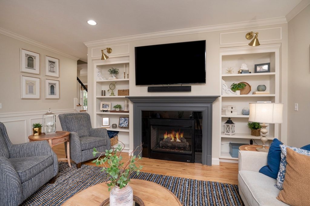 Fireplace, Interior, Living room, Recessed Lighting, Wood Texture Flooring