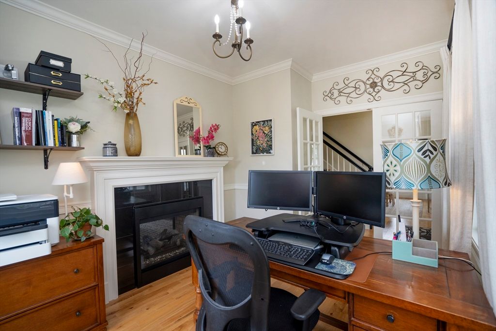 Chandelier, Fireplace, Home Office, Interior, Wood Texture Flooring