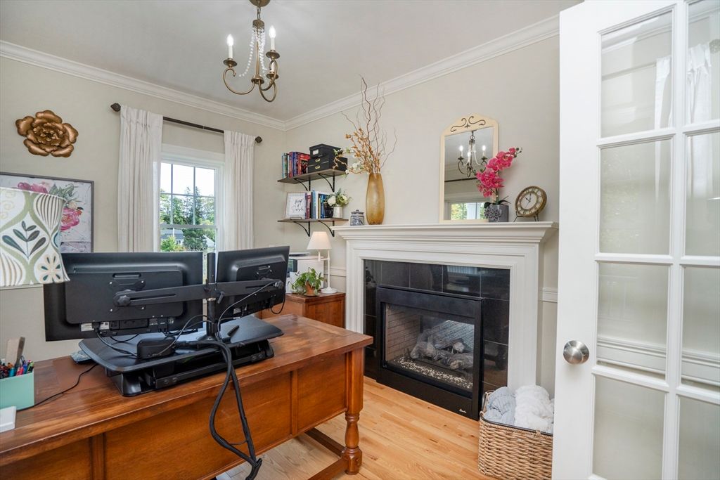 Chandelier, Fireplace, Home Office, Interior, Wood Texture Flooring