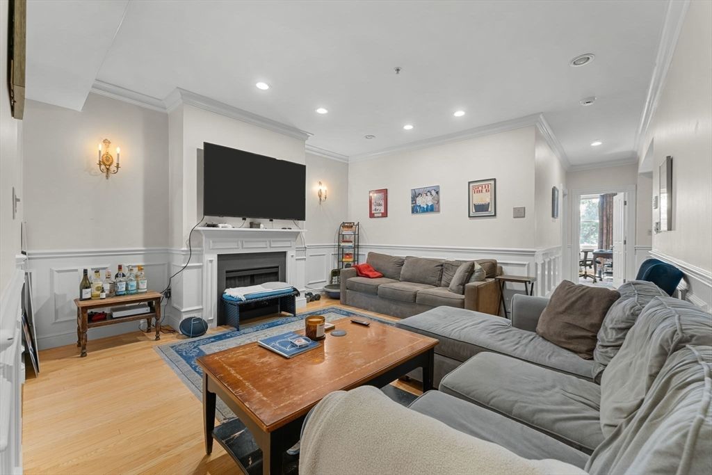Fireplace, Interior, Living room, Recessed Lighting, Wood Texture Flooring