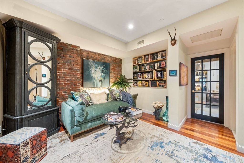 Interior, Living room, Recessed Lighting, Stone Walls, Wood Texture Flooring