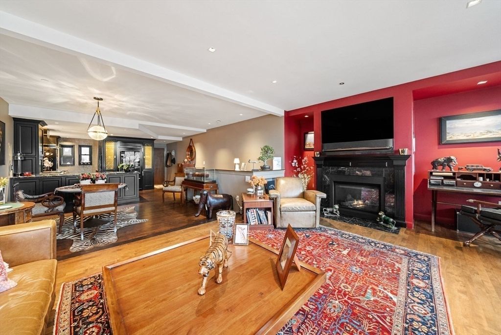 Dining room, Fireplace, Interior, Living room, Pendant Lights, Piano, Recessed Lighting, Wood Texture Flooring