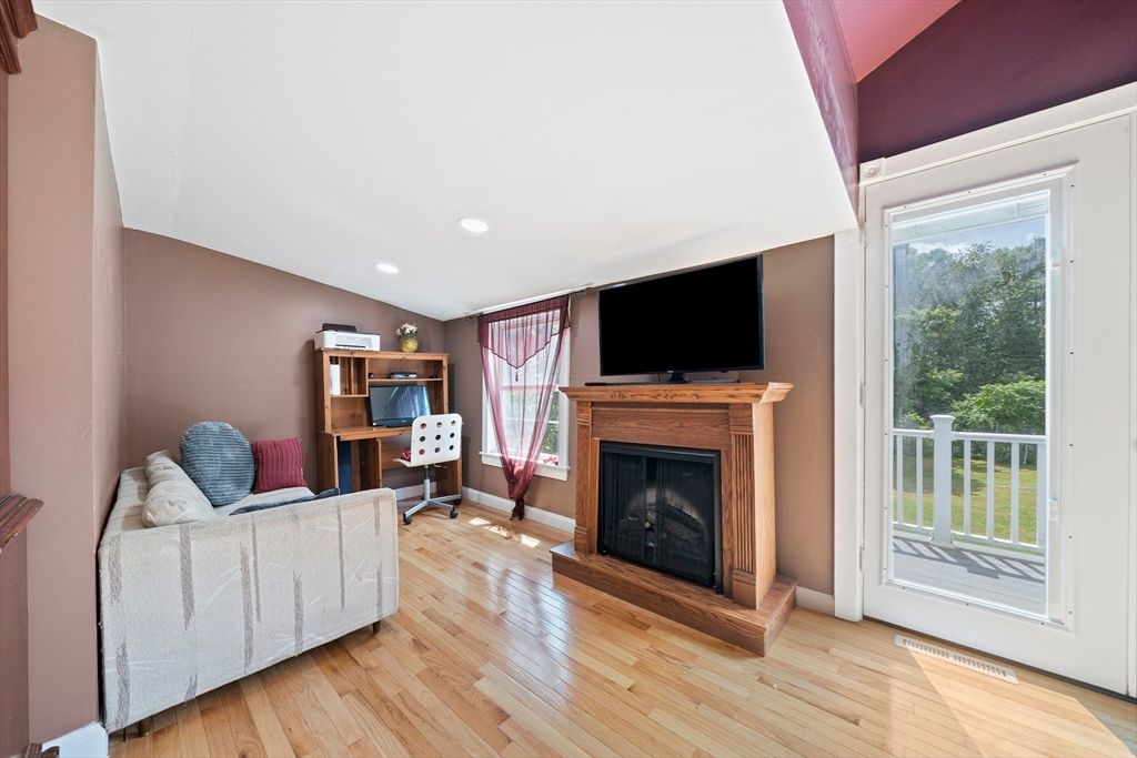 Fireplace, Home Office, Interior, Recessed Lighting, Wood Texture Flooring