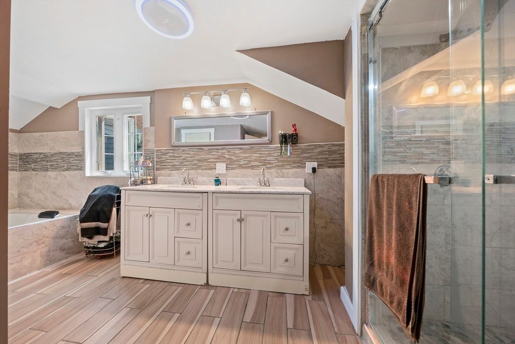 Bathroom, Glass Shower, Interior, Wood Texture Flooring