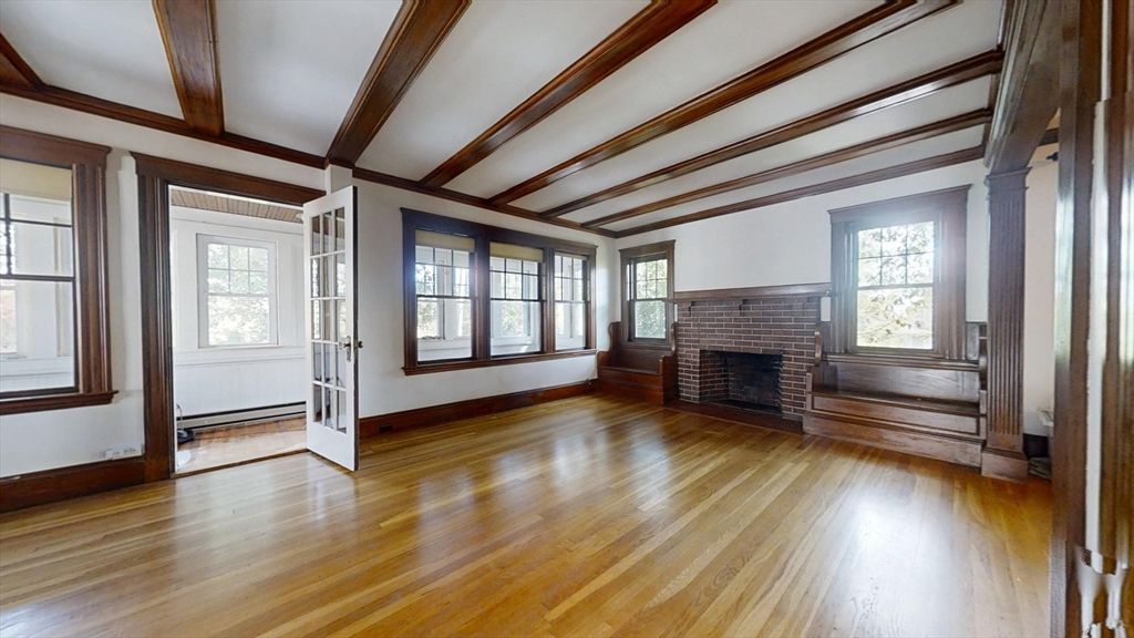 Empty room, Fireplace, Interior, Wooden Beams, Wood Texture Flooring