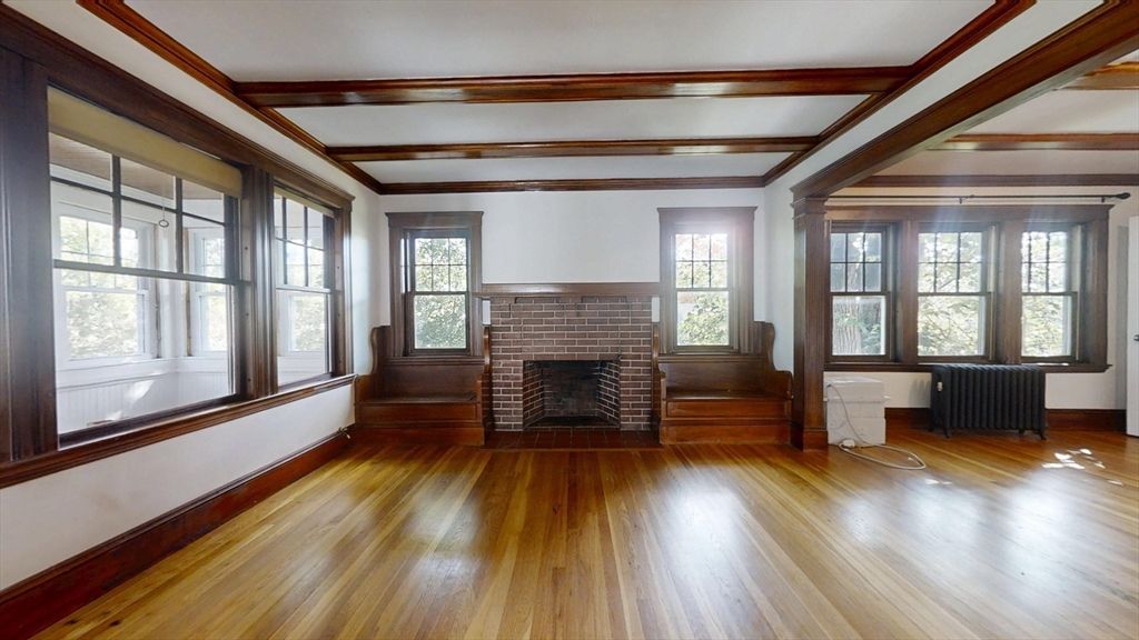 Empty room, Fireplace, Interior, Wooden Beams, Wood Texture Flooring