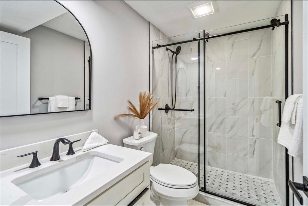 Bathroom, Glass Shower, Interior, Marble Walls, Recessed Lighting