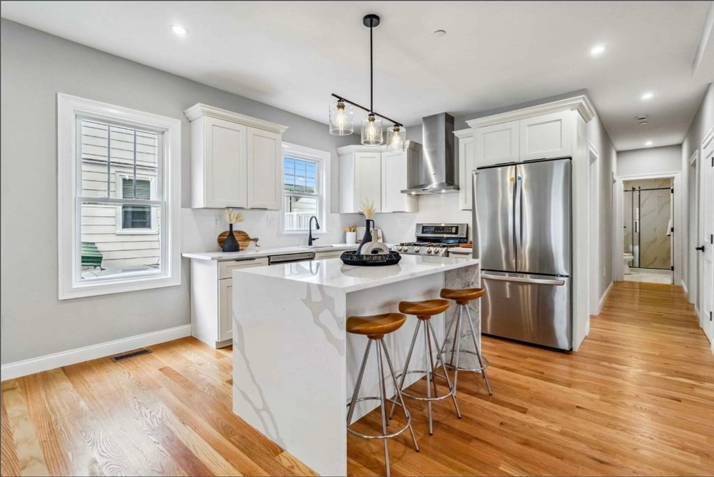 Interior, Kitchen, Pendant Lights, Recessed Lighting, Stainless Steel Appliances, Wood Texture Flooring