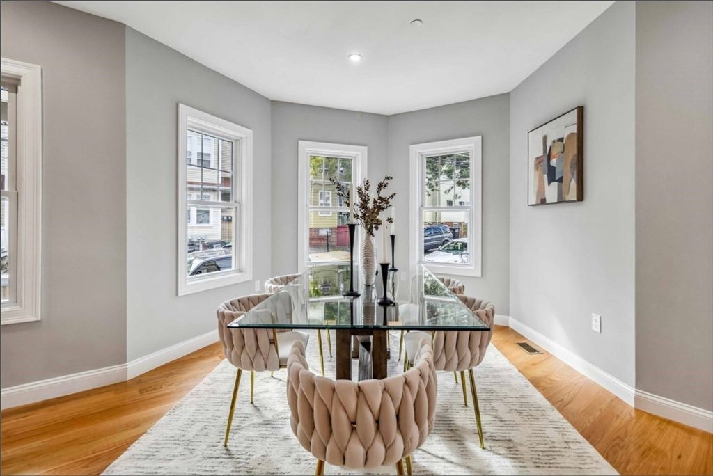 Dining room, Interior, Recessed Lighting, Wood Texture Flooring