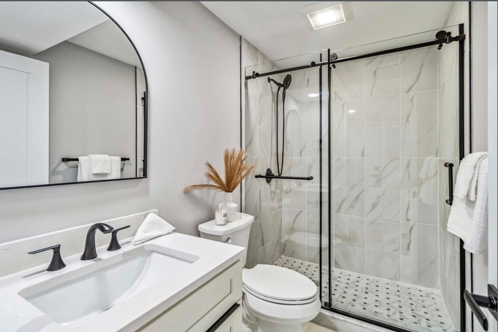 Bathroom, Glass Shower, Interior, Marble Walls, Recessed Lighting